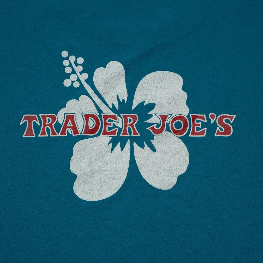 Trader Joes Hibiscus Crew Logo Short Sleeve Blue Spellout Employee Shirt S